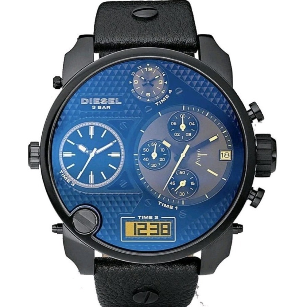 Diesel Big Daddy Blue Dial Black Leather Strap‎ Watch DZ7127 Men